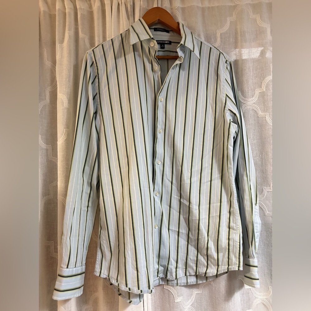 Express 1MX Men Striped Long Sleeve Silky Button-Up Shirt Beige Size M